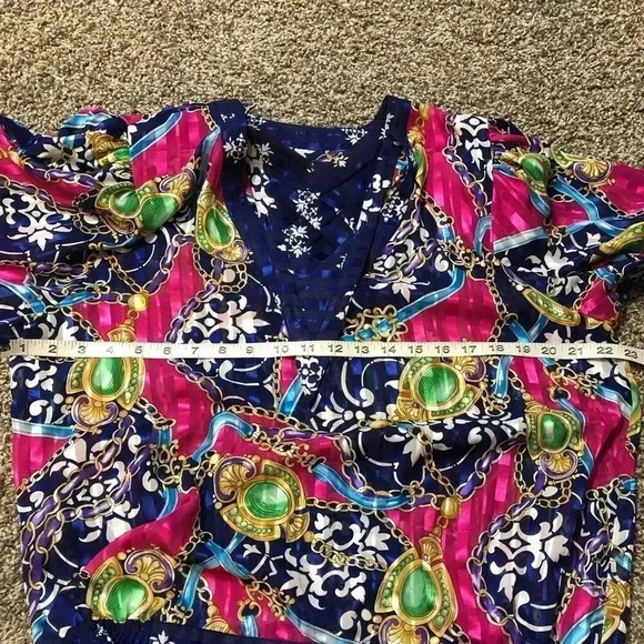 VINTAGE MAYEELOK V NECK PINK & BLUE PRINT BLOUSE GLAM 80’s - Picture 10 of 12